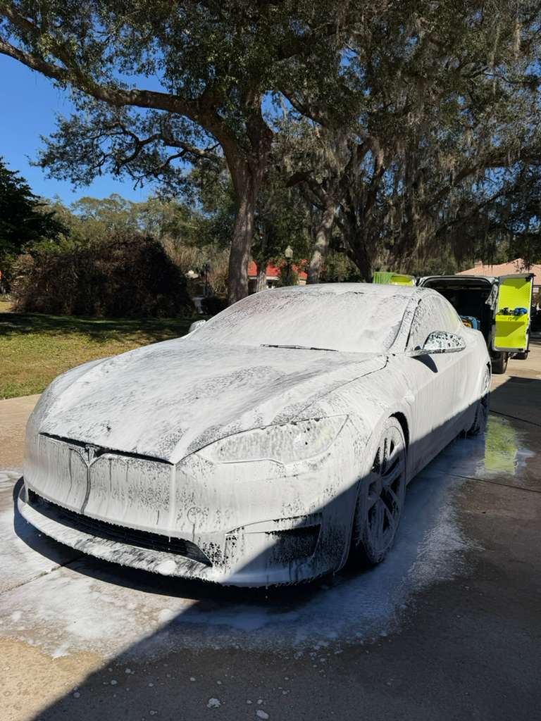 Mobile auto detailing in Orlando, FL · Tesla Model S foam wash service · mobile detail page